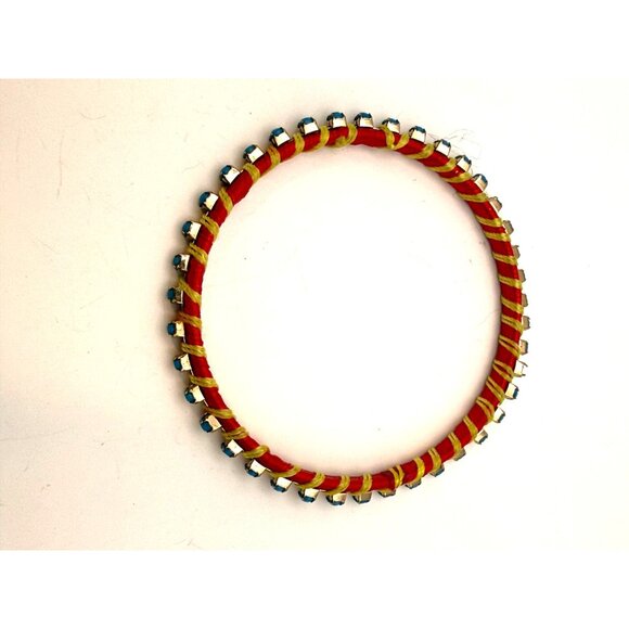 VTG Handmade Wrapped Bangle Bracelet Red Yellow Thread Blue Rhinestone Accents - Picture 4 of 6